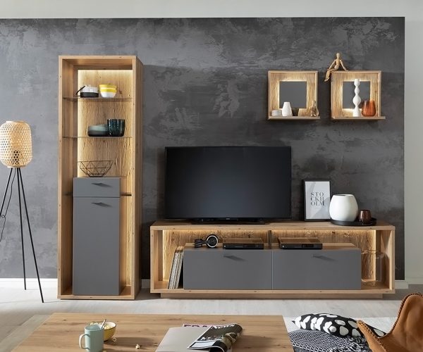 Nástenná doska Lome 45x20 cm dubový vzhľad sada 2 úložných priehradiek s LED osvetlením