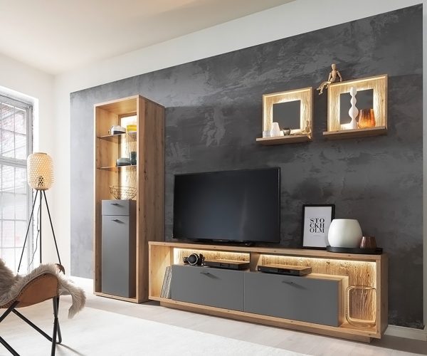 Nástenná doska Lome 45x20 cm dubový vzhľad sada 2 úložných priehradiek s LED osvetlením - Image 2