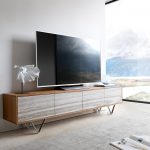 TV stolík Kleo 200 cm prírodná akácia 4 dvierka podstavec v tvare V nerezová oceľ
