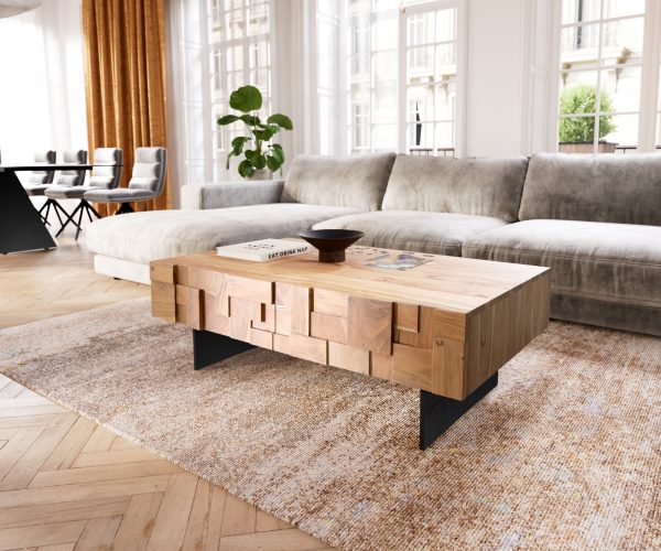 Konferenčný stolík Puzzle 120 cm prírodná akácia, plávajúci štýl, kovové čierne nohy