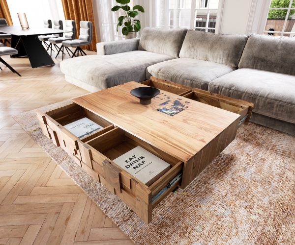 Konferenčný stolík Puzzle 120 cm prírodná akácia, plávajúci štýl, kovové čierne nohy - Image 4