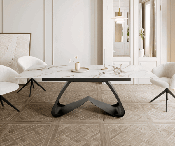 Jedálenský stôl Edge 180-220x100 keramika Calacatta Luxe bielo-zlato-šedá podstava v tvare W čierna rozkladací - Image 2