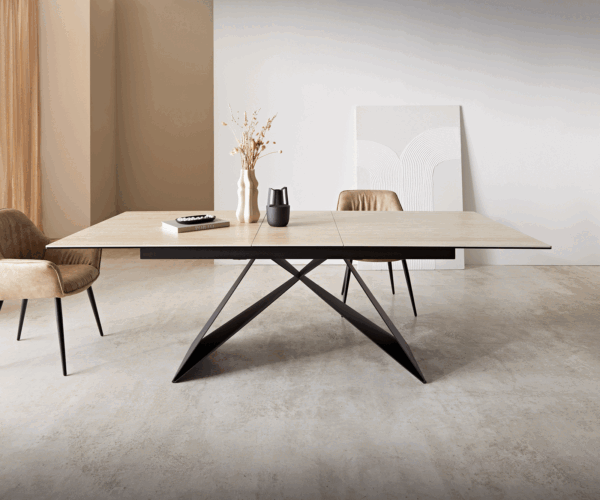 Jedálenský stôl Edge 180-220x100 keramika travertín prírodná podstava v tvare V plochá oceľ čierna rozkladací - Image 2