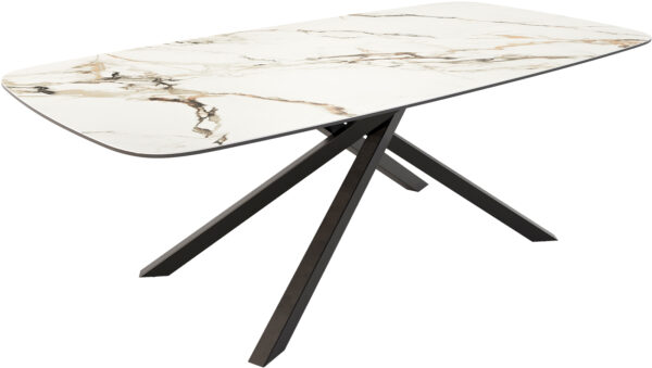 Jedálenský stôl Edge zaoblený tvar 240x120 keramika Calacatta Luxe bielo-zlato-šedá krížová podstava hranatý čierna - Image 2