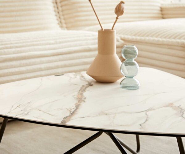 Konferenčný stolík Ekrem 88x85 cm keramika Calacatta Luxe bielo-zlato-šedá Hairpin okrúhly kov titánový efektový povrch - Image 6