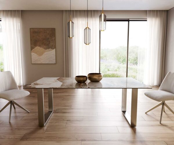 Jedálenský stôl Edge 200x100 keramický Minas Melange bielo-béžový podstavec nerezový úzky - Image 2