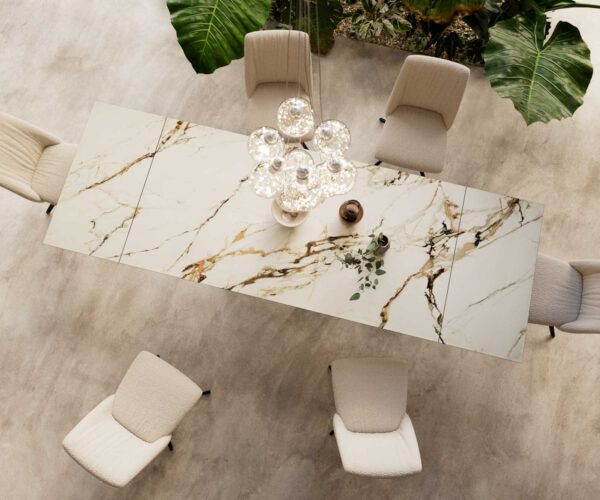 Jedálenský stôl Edge keramický Calacatta Luxe bielo-zlato-sivý 200-300x100 s čiernou kovovou podnožou rozťahovací - Image 6