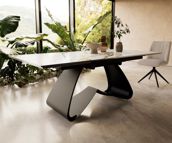 Jedálenský stôl Edge keramický Calacatta Luxe bielo-zlato-sivý 200-300x100 s čiernou kovovou podnožou rozťahovací - Image 7