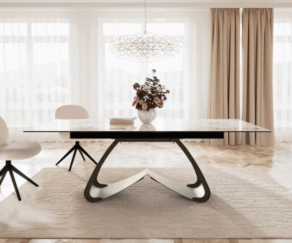 Jedálenský stôl Edge keramika Minas Melange bielo-béžová 180x220x100 cm s podstavcom kovový efekt titan rozťahovací - Image 2