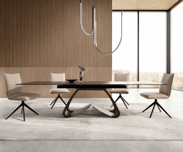 Jedálenský stôl Edge keramický Laminam® Noir Desir hnedý 200-300x100 s kovovou základňou v titanovom efekte, rozťahovací - Image 2