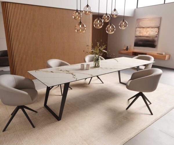 Jedálenský stôl Edge 300x100 keramika Calacatta Luxe bielo-zlato-šedá kov šikmý čierna - Image 8
