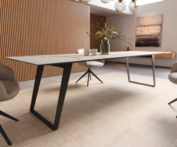 Jedálenský stôl Edge 300x100 keramika Calacatta Luxe bielo-zlato-šedá kov šikmý čierna - Image 7