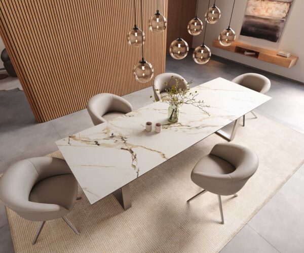 Jedálenský stôl Edge keramika Calacatta Luxe bielo-zlatá-sivá 300x100 úzke nohy nerezová oceľ - Image 6