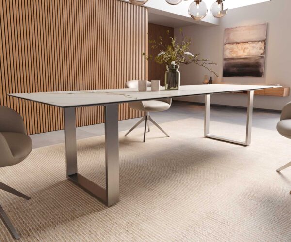 Jedálenský stôl Edge keramika Calacatta Luxe bielo-zlatá-sivá 300x100 úzke nohy nerezová oceľ - Image 7
