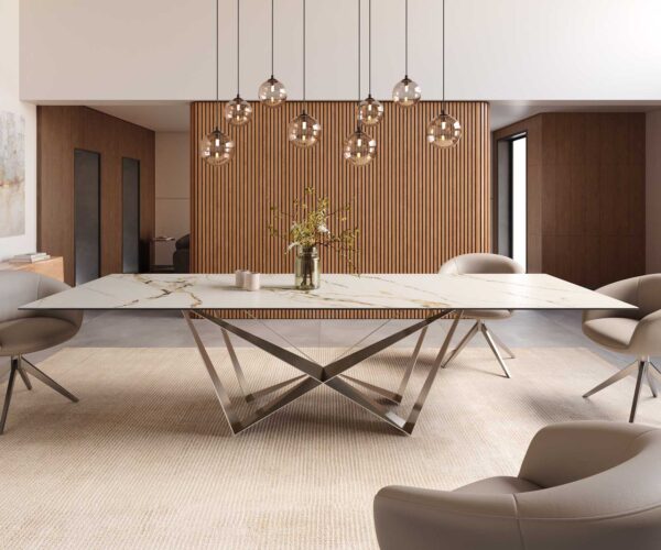 Jedálenský stôl Edge 300x100 keramika Calacatta Luxe bielo-zlato-šedá Spider plochá nerezová oceľ - Image 2