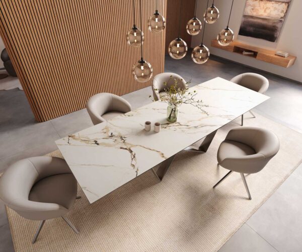 Jedálenský stôl Edge 300x100 keramika Calacatta Luxe bielo-zlato-šedá Spider plochá nerezová oceľ - Image 6