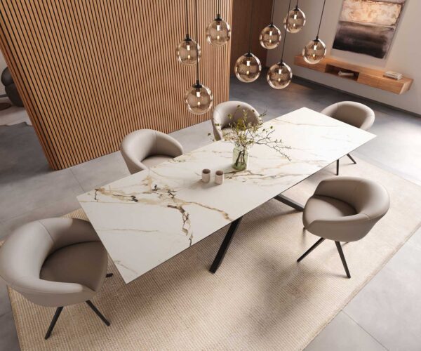 Jedálenský stôl Edge keramika Calacatta Luxe bielo-zlato-sivá 300x100 cm, krížová kovová čierna podnož, obdĺžnikový - Image 6