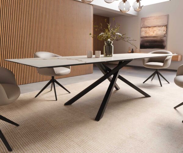Jedálenský stôl Edge keramika Calacatta Luxe bielo-zlato-sivá 300x100 cm, krížová kovová čierna podnož, obdĺžnikový - Image 7