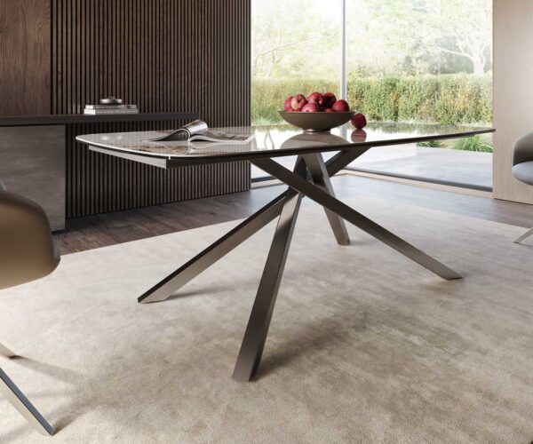 Jedálenský stôl Edge lodný tvar keramika Minas Melange bielo-béžová 200x100 cm, obdĺžnikový, krížová základňa, nerezová oceľ - Image 6