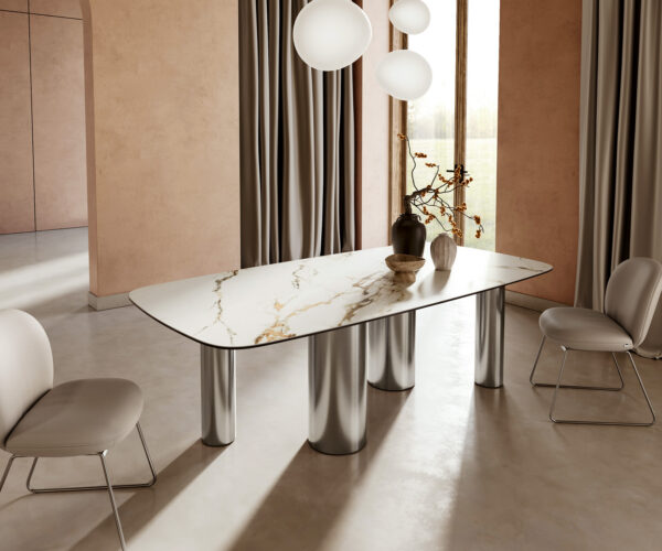 Jedálenský stôl Edge lodopádový keramický Calacatta Luxe bielo-zlato-sivý 240x120 pilier nerezová oceľ - Image 2
