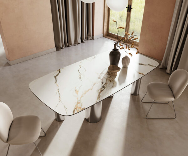 Jedálenský stôl Edge lodopádový keramický Calacatta Luxe bielo-zlato-sivý 240x120 pilier nerezová oceľ - Image 5