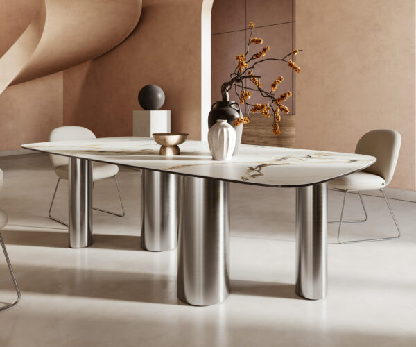 Jedálenský stôl Edge lodopádový keramický Calacatta Luxe bielo-zlato-sivý 240x120 pilier nerezová oceľ - Image 6