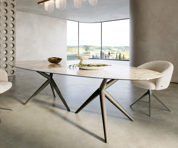 Jedálenský stôl Edge oválny keramický Minas Melange bielo-béžový 280x130 Estelar okrúhly kovový efektový povrch titánový - Image 6