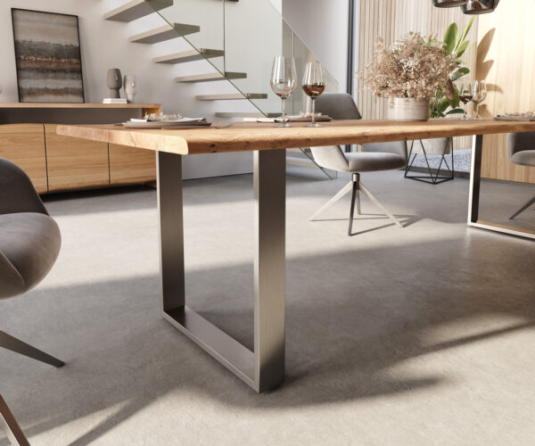 Jedálenský stôl Edge 300x100 akácia prírodná nerezová oceľ úzky Live-Edge - Image 6