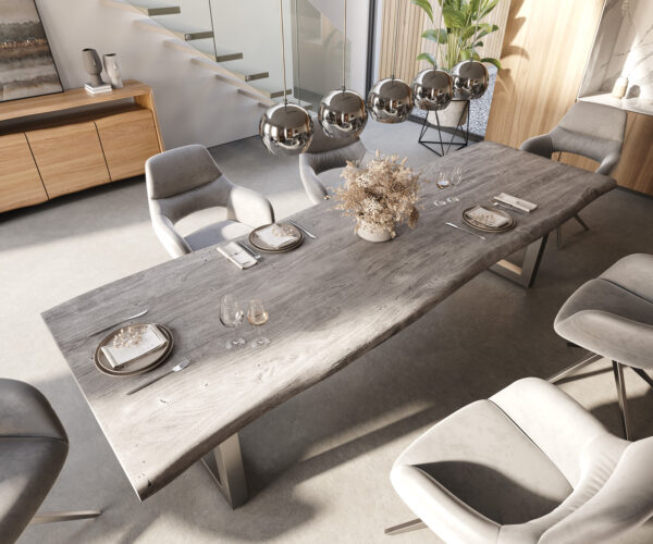 Jedálenský stôl Edge 300x100 XL akácia platinová nerezová oceľ široký Live-Edge - Image 4