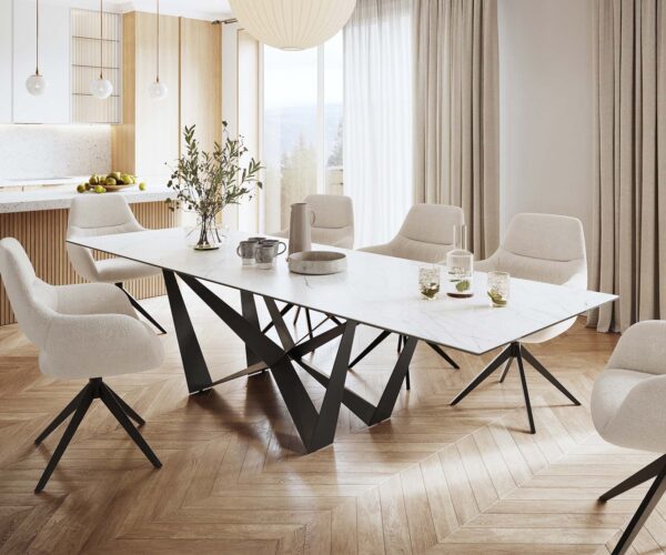 Jedálenský stôl Edge 300x100 cm keramika Laminam® Statuarietto biela stredová podstava plochá oceľ čierna - Image 7