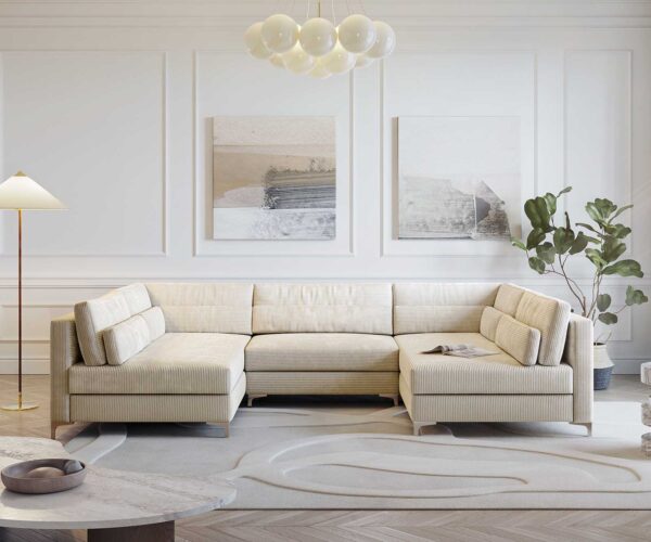 Pohovka v tvare U Elio 300x185 cm plyšový manšester béžová s taburetom - Image 2