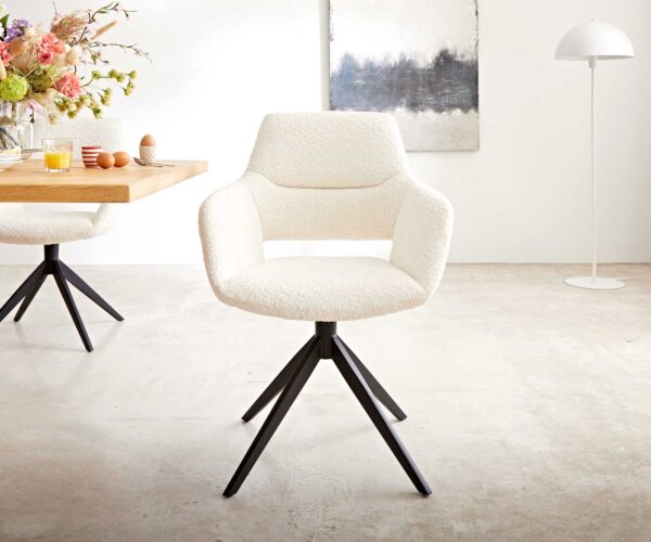 Jedálenská stolička Yago-Flex XL s podrúčkami, krížová podnož, široké, čierne, biele bouclé - Image 2