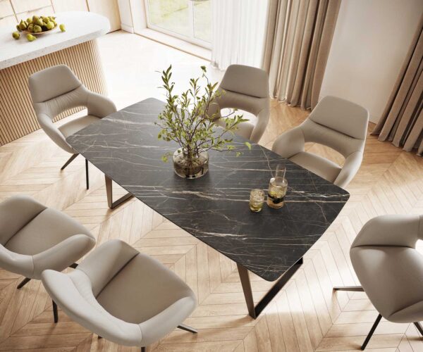 Jedálenský stôl Edge oválny tvar 200x100 keramika Laminam® Noir Desir hnedá kov šikmý čierna - Image 4