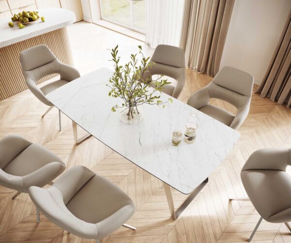 Jedálenský stôl Edge 200x100 cm keramika Laminam® Statuarettio biela, tvar lode, naklonený rám z nehrdzavejúcej ocele - Image 6