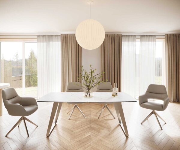 Jedálenský stôl Edge 200x100 cm keramika Laminam® Statuarettio biela, tvar lode, naklonený rám z nehrdzavejúcej ocele - Image 4