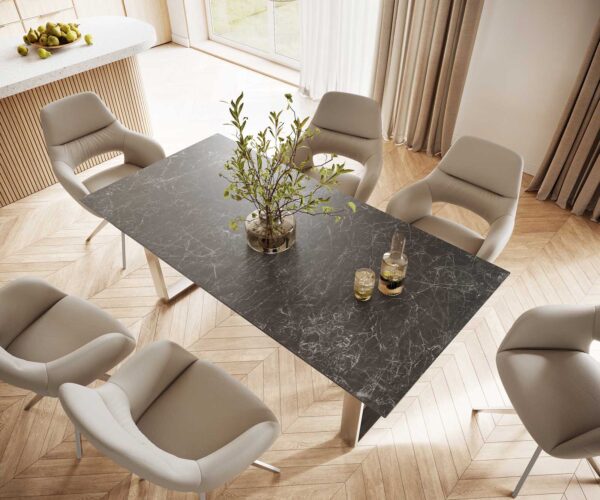 Jedálenský stôl Edge 200x100 cm keramika Laminam® Nero Greco sivá úzka rámová nerezová oceľ - Image 4