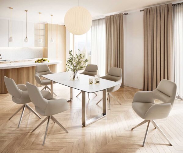 Jedálenský stôl Edge 200x100 cm keramika Laminam® Statuarettio biela, tvar lode, úzky rám z nehrdzavejúcej ocele - Image 8