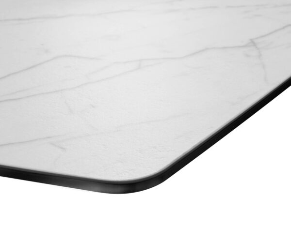 Jedálenský stôl Edge 200x100 cm keramika Laminam® Statuarettio biela, tvar lode, úzky rám z nehrdzavejúcej ocele - Image 7