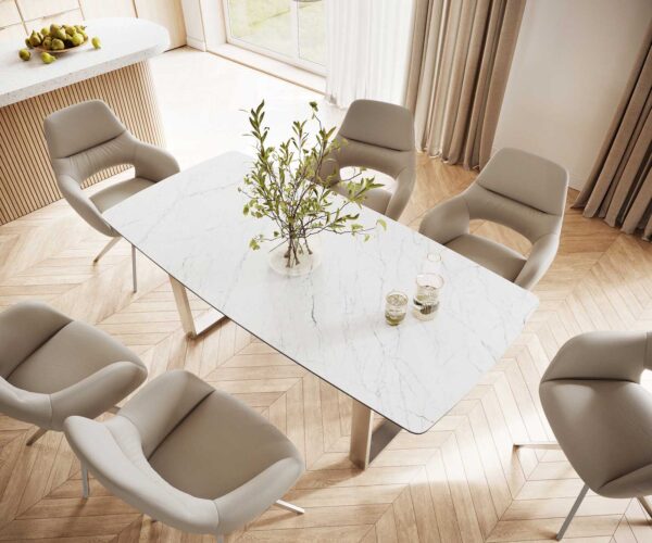 Jedálenský stôl Edge 200x100 cm keramika Laminam® Statuarettio biela, tvar lode, úzky rám z nehrdzavejúcej ocele - Image 6