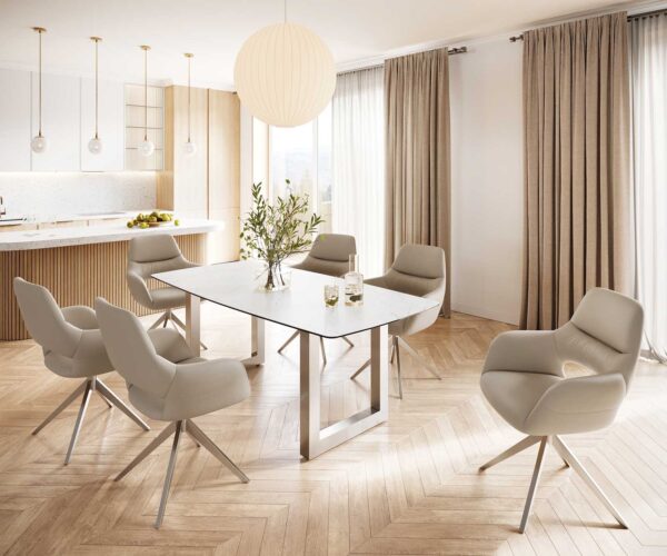 Jedálenský stôl Edge 200x100 cm keramika Laminam® Statuarettio white v tvare lode, široký rám z nehrdzavejúcej ocele - Image 8