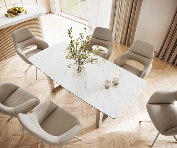 Jedálenský stôl Edge 200x100 cm keramika Laminam® Statuarettio white v tvare lode, široký rám z nehrdzavejúcej ocele - Image 6
