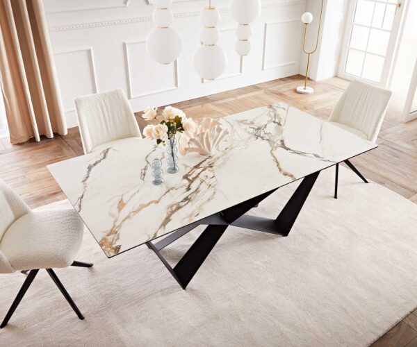 Jedálenský stôl Edge 200x100 keramika Calacatta Luxe bielo-zlato-šedá Spider plochá oceľ čierna - Image 6