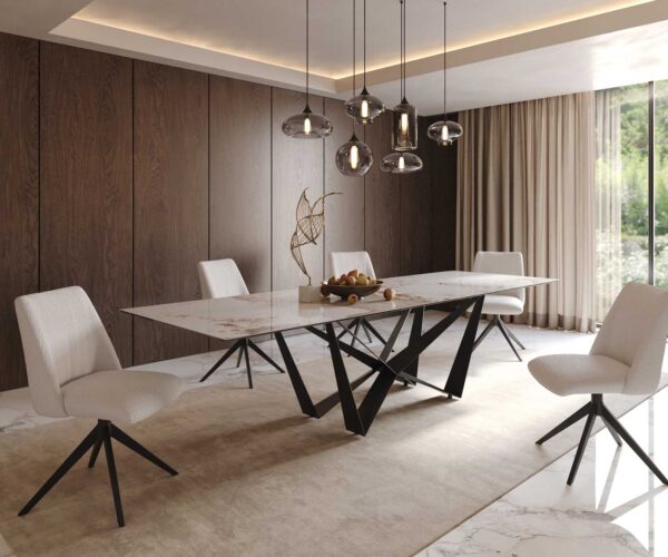 Jedálenský stôl Edge keramika Minas Melange bielo-béžová 300x100 Spider plochý kov čierny - Image 8