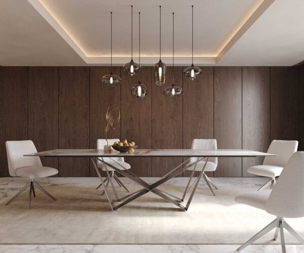 Jedálenský stôl Edge keramika Minas Melange bielo-béžová 300x100 Spider plochý nerezový oceľový rám - Image 2