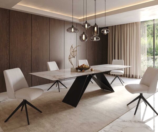 Jedálenský stôl Edge keramika Minas Melange bielo-béžová 300x100 V-noha plochý kov čierny - Image 8