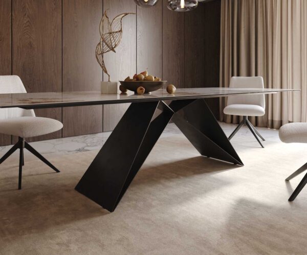 Jedálenský stôl Edge keramika Minas Melange bielo-béžová 300x100 V-noha plochý kov čierny - Image 7