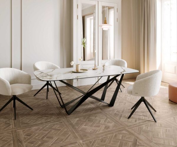 Jedálenský stôl Edge lodníkový tvar keramika Calacatta Luxe bielo-zlato-sivá 200x100 pavúk plochý kov čierny - Image 7