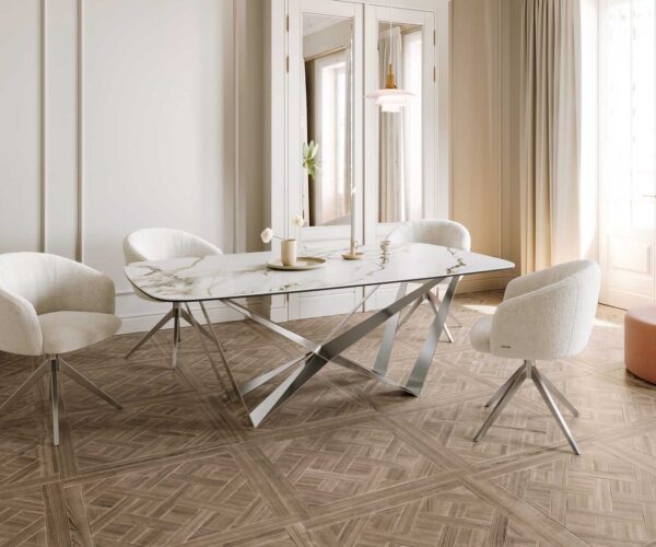 Jedálenský stôl Edge zaoblený tvar 200x100 keramika Calacatta Luxe bielo-zlato-šedá spider plochá oceľ nerezová oceľ - Image 7