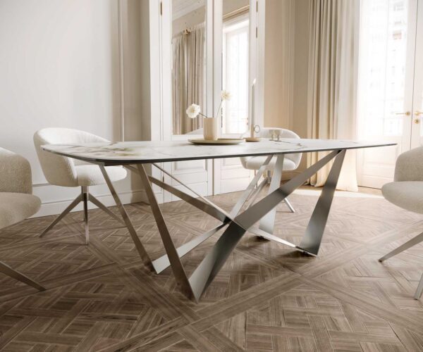 Jedálenský stôl Edge zaoblený tvar 200x100 keramika Calacatta Luxe bielo-zlato-šedá spider plochá oceľ nerezová oceľ - Image 6