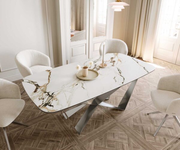Jedálenský stôl Edge zaoblený tvar 200x100 keramika Calacatta Luxe bielo-zlato-šedá spider plochá oceľ nerezová oceľ - Image 5